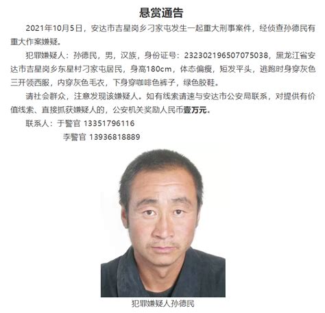 黑龙江省安达市发生一起重大刑案，警方悬赏缉拿嫌疑人腾讯新闻