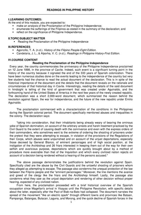 PHIL History Proclamation of the Philippine Independence - READINGS IN