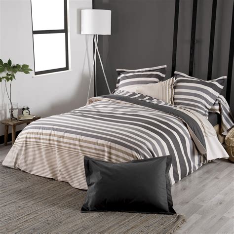 Housse De Couette X Cm Percale Pur Coton Stripe Ficelle Gris