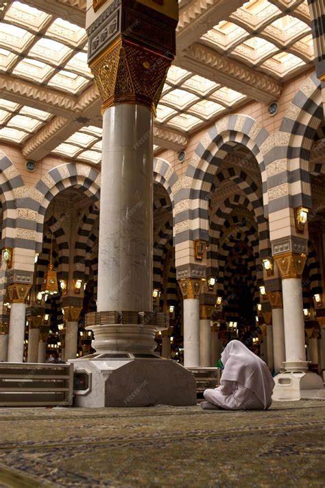 Premium Photo | Muslims praying inside Nabawi Mosque. Interior view of ...