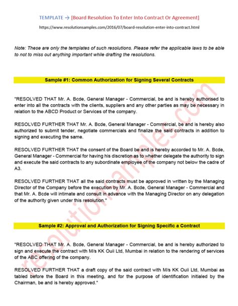 Format Of Board Resolution To Enter Into Contract Or Agreement