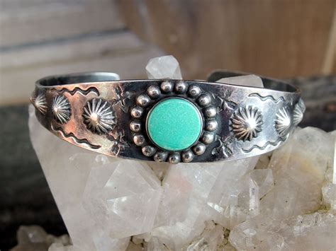 Native American Turquoise Cuff Bracelet Stamped Arrows Cacti Etsy