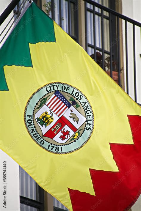 Waving of Flag of city of Los Angeles in downtown Los Angeles USA ...