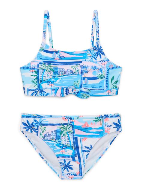 Wonder Nation Girls Paradise Print Tie Front Bikini Top And Bottoms Swimsuit Set With UPF