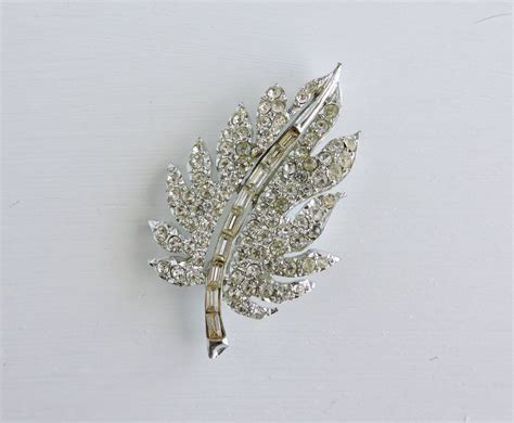 Vintage Pell Rhinestone Brooch Large Leaf Brooch Silver Tone Crystal