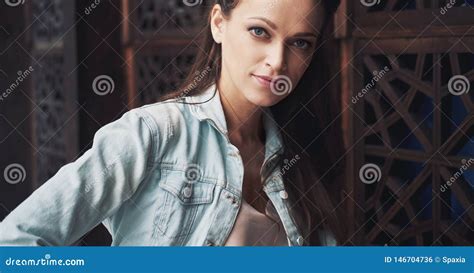 Outdoors Portrait Of Fashion Stylish Brunette Woman Stock Photo Image