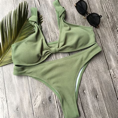 Army Green Bikini Swimsuit Bow Thong Swimwear Women White Bikini Set