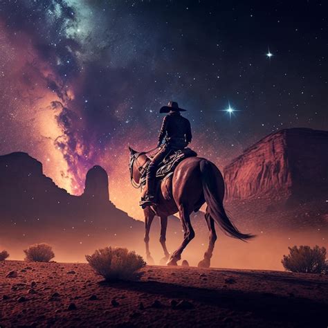 Um Cowboy Monta Um Cavalo Em Um Deserto Uma Estrela Ao Fundo