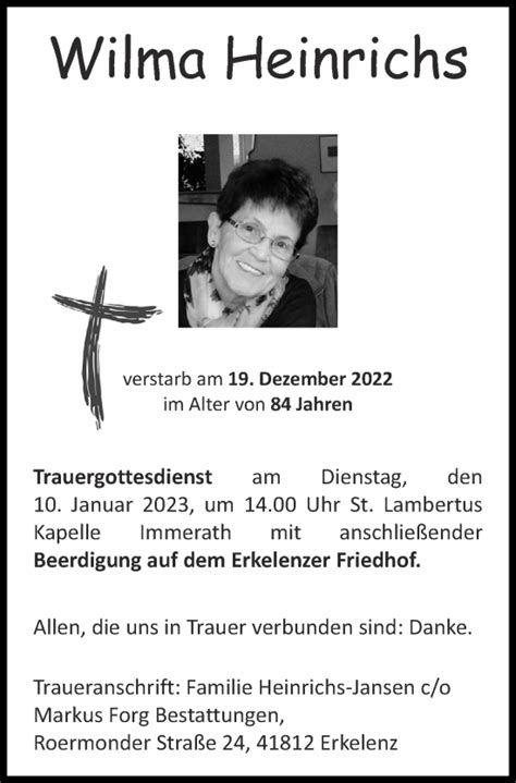 Traueranzeigen Von Wilma Heinrichs Aachen Gedenkt