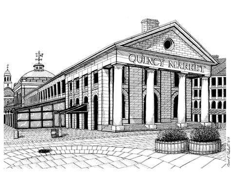 A Pen Ink Drawing Of Boston S Historic Quincy Market With Faneuil