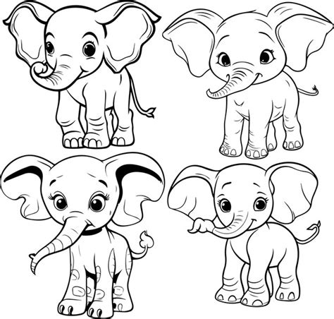 Una Caricatura De Un Lindo Elefante En Blanco Y Negro Vector Premium