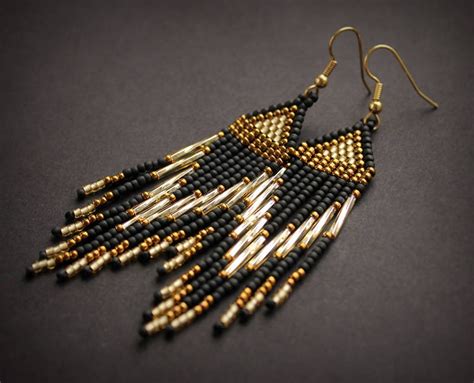 Black And Gold Seed Bead Earrings Long Evening Beaded Earrings Etsy