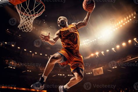 Male Basketball Player Playing Basketball In A Crowded Indoor