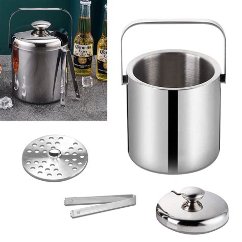 Stainless Steel Ice Bucket Portable Double Walled Insulated Cooler With Tong Lid And Water