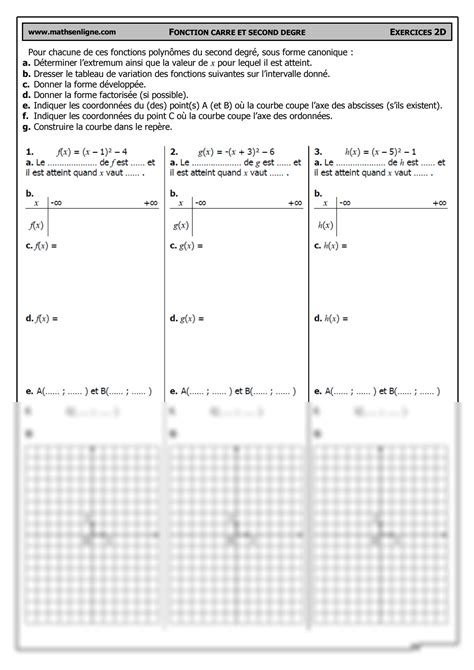 Solution Nde Ex D Exercices Sur Les Fonctions Polyn Mes Du Second
