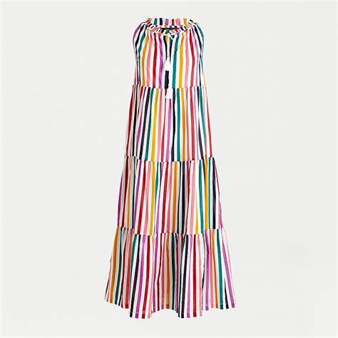 J Crew Tiered Maxi Beach Dress In Crinkle Cotton In Rainbow Strip