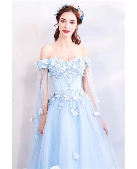 Dreamy Fairytale Blue Tulle Long Prom Dress Off Shoulder With