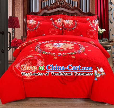 Traditional Chinese Wedding Printing Rose Red Fourpiece Bedclothes