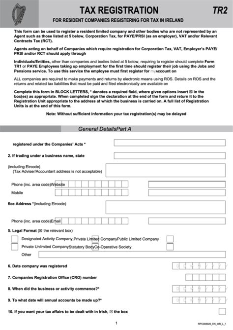 Form Tr2 - Tax Registration For Resident Companies Registering For Tax In Ireland printable pdf ...