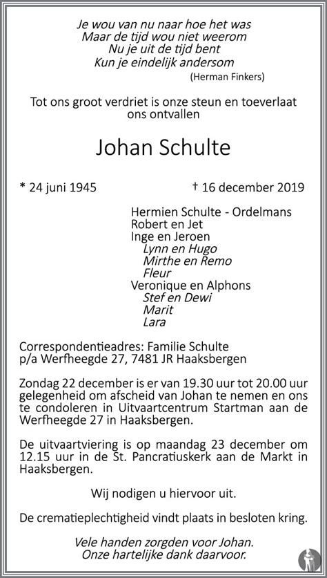 Johan Schulte 16 12 2019 Overlijdensbericht En Condoleances Mensenlinqnl