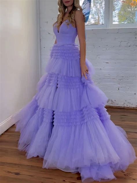 Ball Gown Princess V Neck Tulle Glitter Sweep Train Prom Dresses With