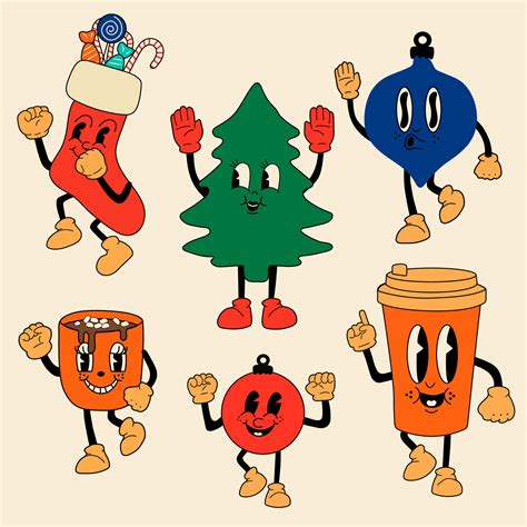 Merry Christmas retro collection cartoon mascot characters. Snowman, Christmas tree, socks, cup ...