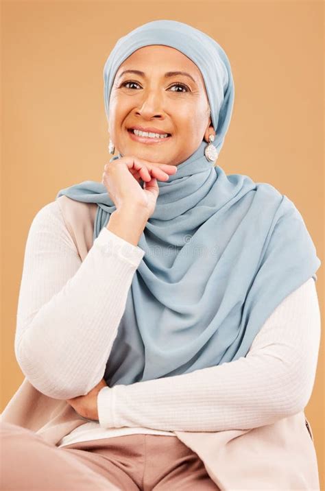 Mature Muslim Woman Face And Fashion Hijab On Studio Background With