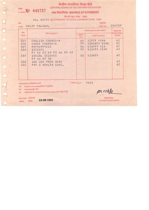 Secondary Marks Sheet PDF