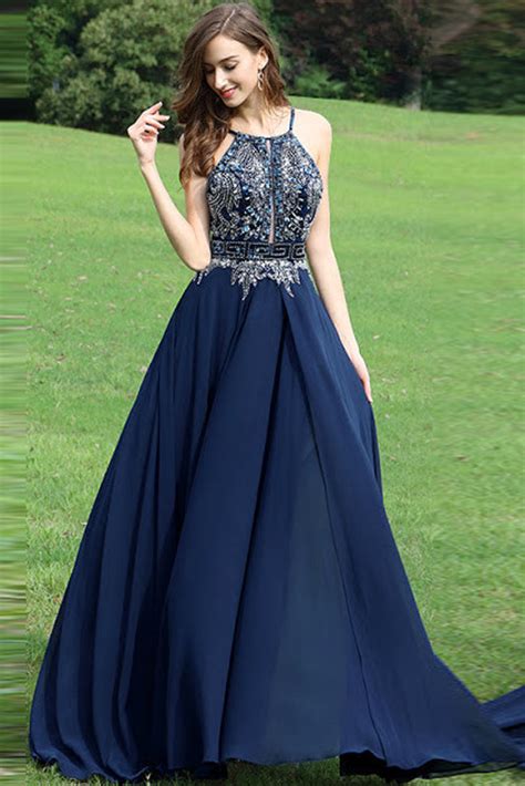 A Line Halter Chiffon Backless Long Promevening Dress With Beading