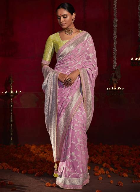 Buy Pink Silk Weaving Designer Saree Online Free Shipping