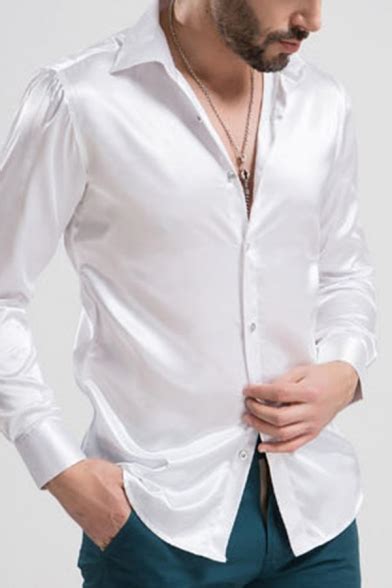 Charming Mens Plain Long Sleeve Button Up Silk Tuxedo Shirt For Banquet