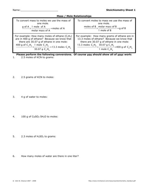 Name Stoichiometry Sheet 1 Mass Mole Relationships To Convert