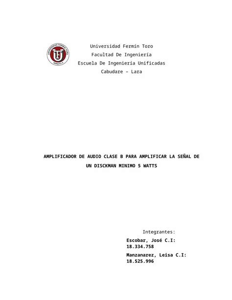 Docx Amplificador De Audio Clase B Para Amplificar La Se Al De Un