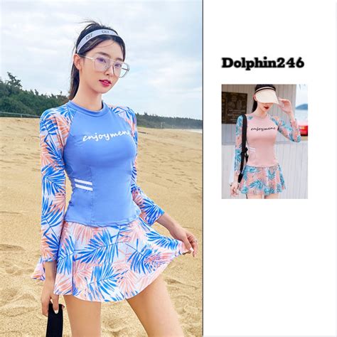 Bikini Dài Tay Đồ Bơi Nữ váy Hàn Quốc Hoa Xanh Hai Mảnh Cạp Cao Quảng