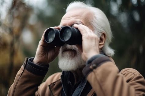 Captura aproximada de um homem sênior segurando binóculos enquanto fica