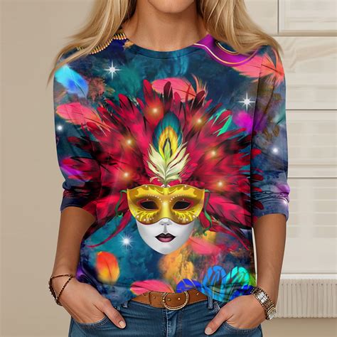 Kddylitq 2024 Mardi Gras Shirts For Women Holiday Party Mask Print