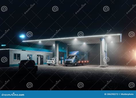 Gas Station At Foggy Night Stock Photo Image Of Traffic