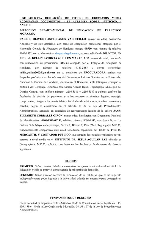 Escrito Solicitud Repocision De Titulo Se Solicita Reposici N De