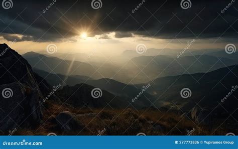 Majestic Mountain Range Tranquil Meadow Backlit Sunset Generated By