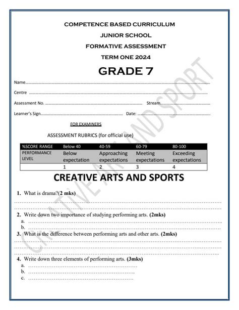 Grade 7 Creative Arts And Sports Mid Term 1 Exam 2024 Set 2 2097