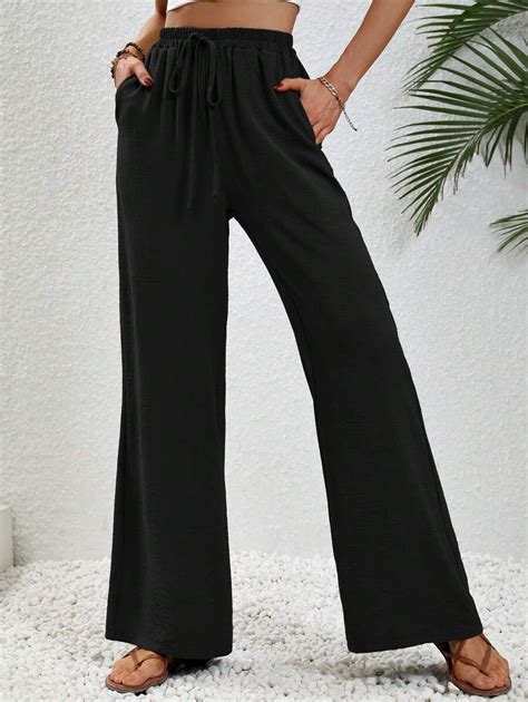 Shein Lune Drawstring Waist Wide Leg Trousers Shein Uk