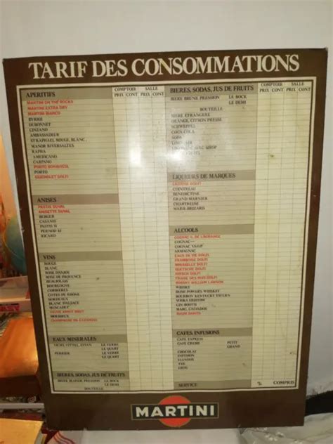 ANCIENNE TÔLE PUBLICITAIRE glaçoide Martini Tarif des consommations