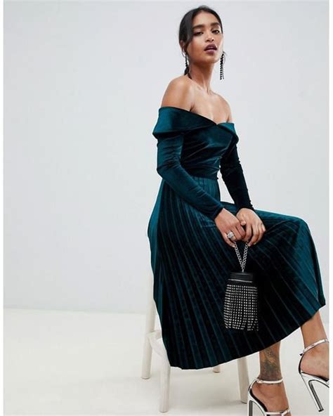 Asos Pleated Velvet Bardot Midi Dress In Green Lyst