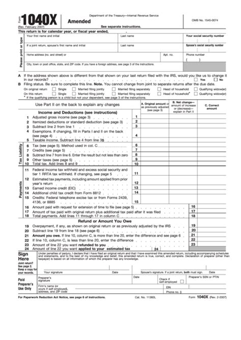 Fillable Form 1040x Amended Us Individual Income Tax Return
