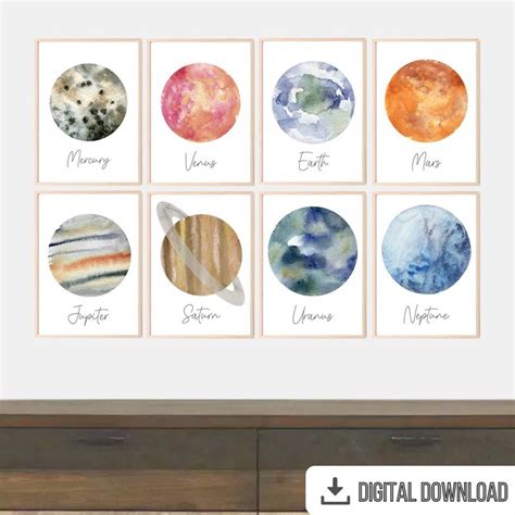 The Planets Printables Are Displayed On A Wall In Front Of A Wooden Dresser