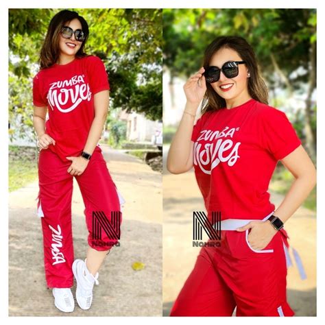 Jual Setelan Baju Senam Mix Atasan Kaos Zumba Moves Merah Cargo Zumba