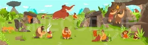 وکتور مرد غارنشین در حال شکار ماموت Men Hunting Mammoth And Children
