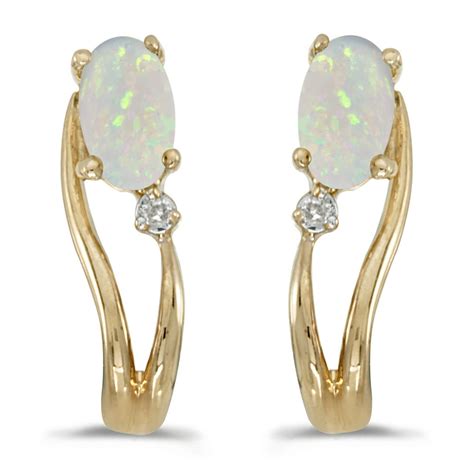 Thejewelrymaster 14k Yellow Gold Oval Opal And Diamond Wave Earrings