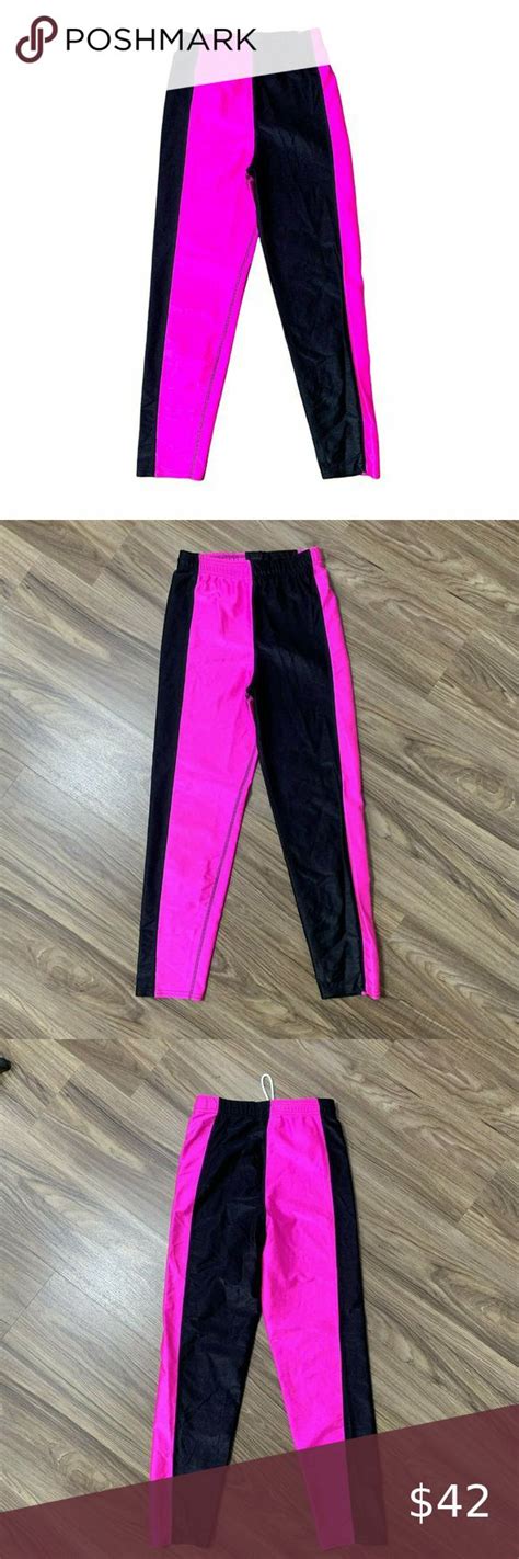 Vtg 80s Workout Neon Hot Pink Black Colorblock Shiny Spandex Leggings