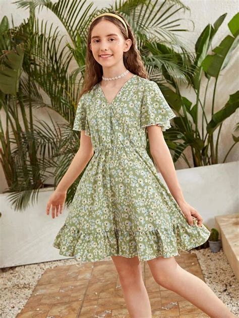 Shein Teen Girls Butterfly Sleeve Ruffle Hem Ditsy Floral Dress Teen